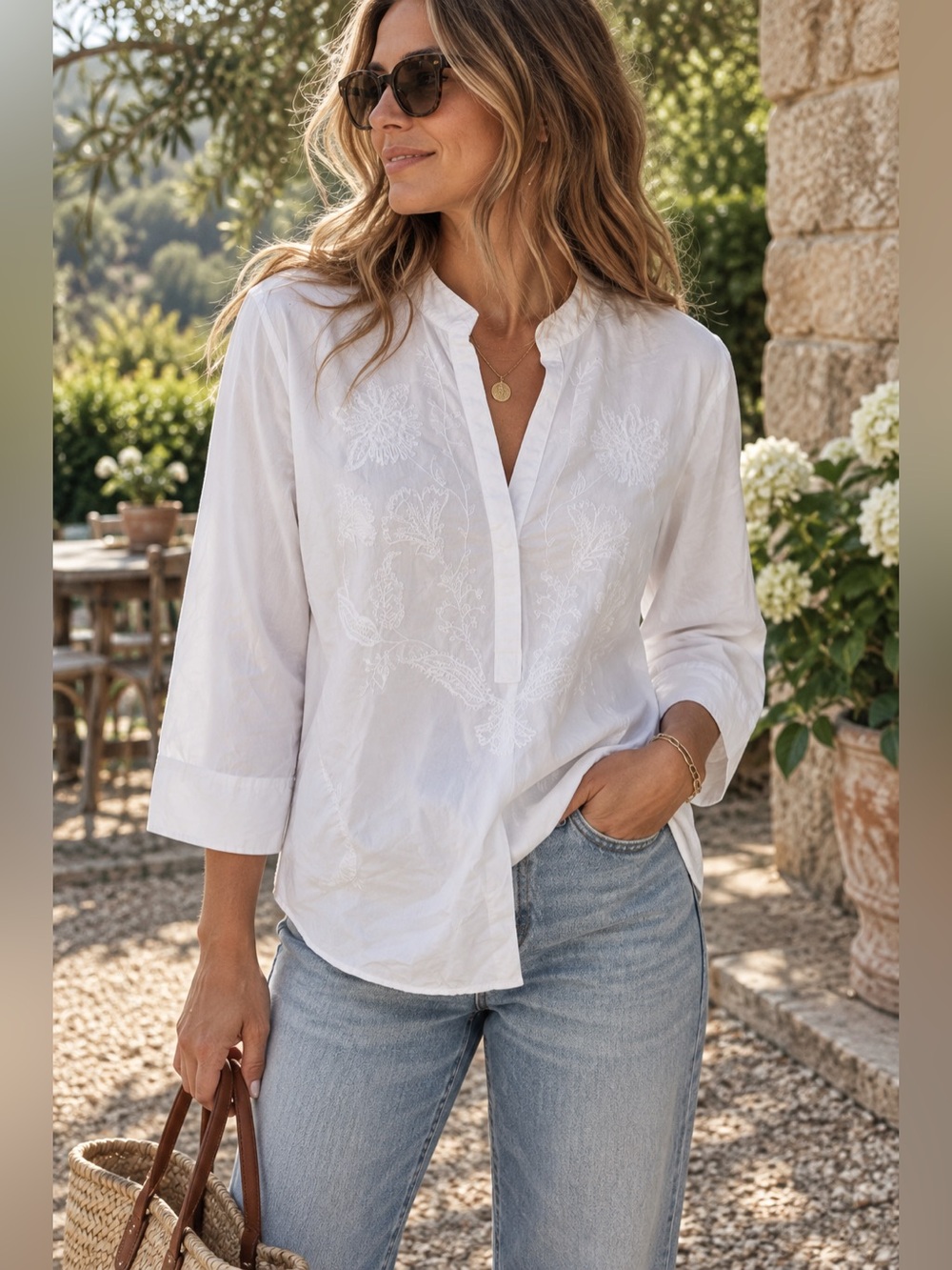 GAP White Embroidered Split-V Tunic